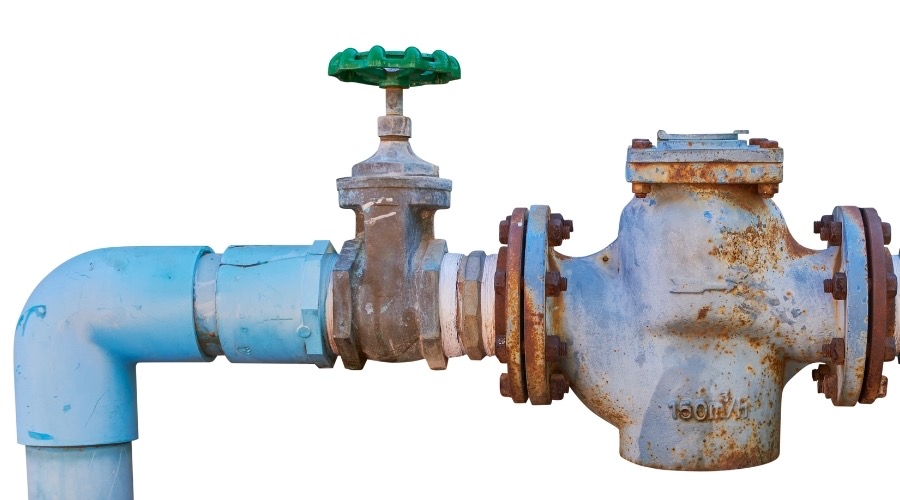 Backflow prevention valve and plumbing pipe, illustrating plumbing maintenance and safety concerns.